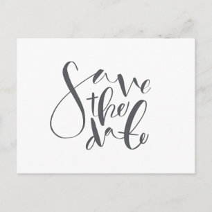 save the date, hand drawn script-white and grey announcement postcard