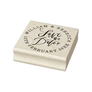 Save the Date Hand Script Heart Circular Rubber Stamp
