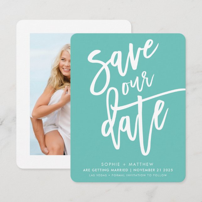 SAVE THE DATE handlettered mint fuschia white Invitation (Front/Back)