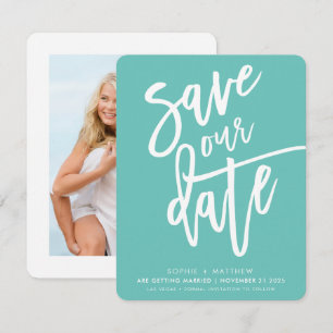 SAVE THE DATE handlettered mint fuschia white Invitation