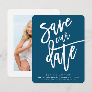 SAVE THE DATE handlettered script dark blue white Invitation
