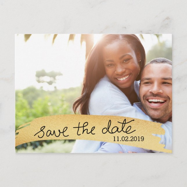 Save The Date Handwritten Faux Gold Foil Photo Announcement Postcard (Front)