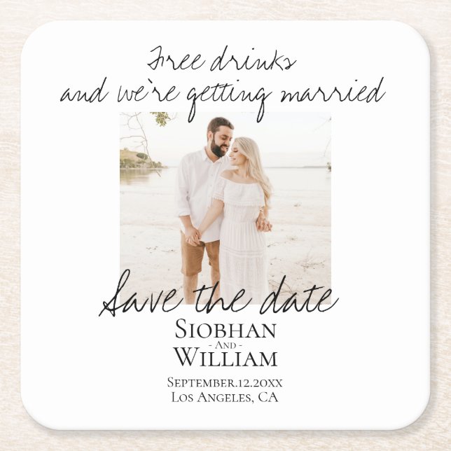 Save The Date Handwritten Personalised Photo Square Paper Coaster (Front)