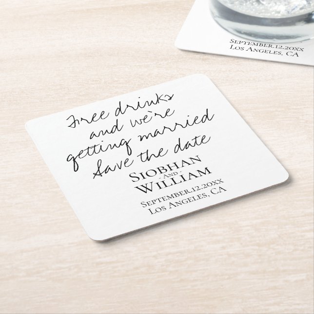 Save The Date Handwritten Personalised Square Paper Coaster (Angled)
