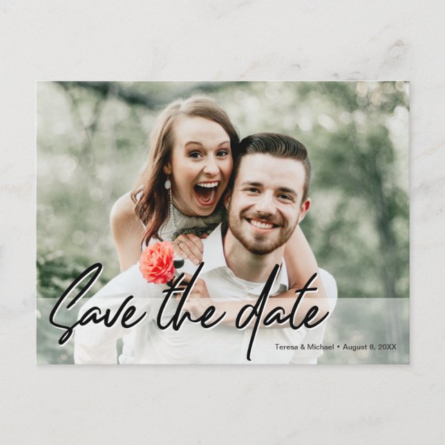 Save the Date Handwritten script Engagement Photo Postcard (Front)