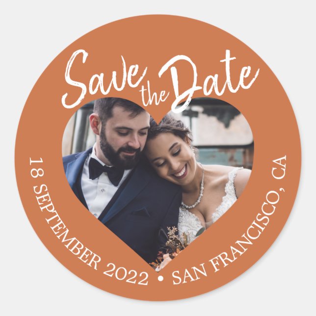 Save the Date Heart Photo Burnt Orange Classic Round Sticker (Front)
