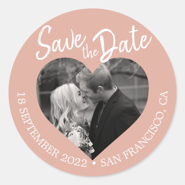 Save the Date Heart Photo Dusty Pink Classic Round Sticker (Front)