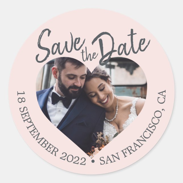 Save the Date Heart Photo Pastel Pink Classic Round Sticker (Front)