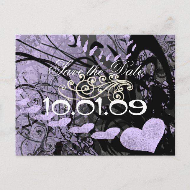 Save The Date - - Hearts and Swirls Lavender Announcement Postcard (Front)