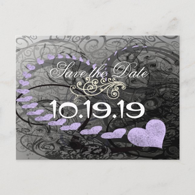Save The Date Hearts and Swirls Lavender & Grey Announcement Postcard (Front)
