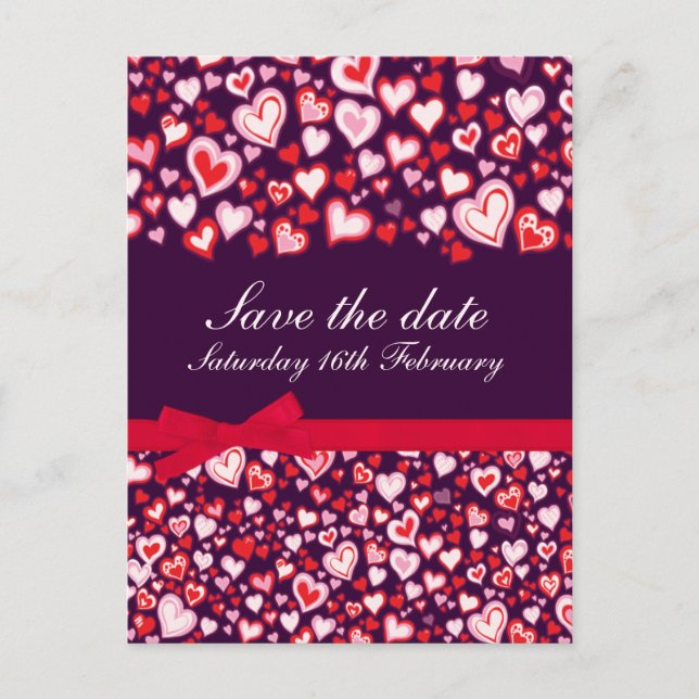 Save the date hearts & bows purple pink card (Front)