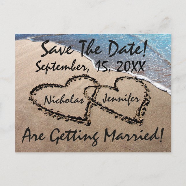 Save The Date Hearts Sand Beach Wedding Postcard (Front)