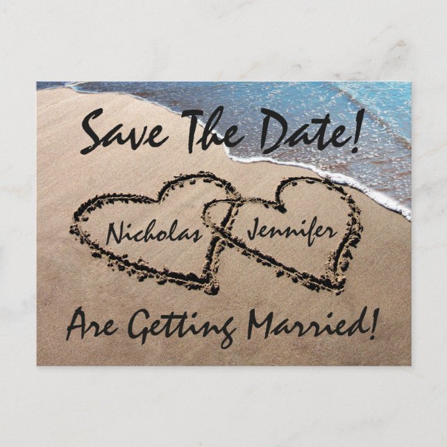 Save The Date Hearts Sand Beach Wedding Postcard (Front)