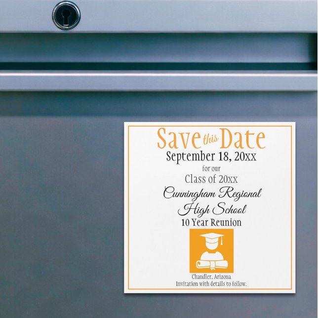 Save The Date High School Reunion Magnet Card  (custom orange and white class reunion save the date magnet)