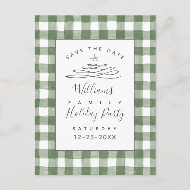 Save The Date Holiday Party Green Gingham Postcard (Front)