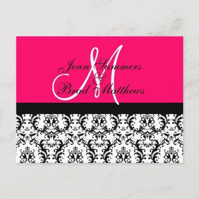 Save the Date Hot Pink Monogram Damask Card (Front)