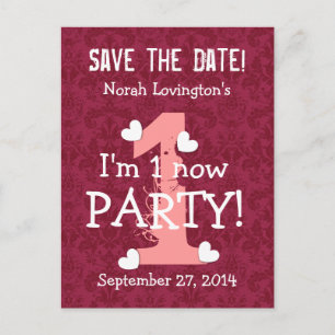 Save the Date I'm One Birthday Party W01A WINE RED Announcement Postcard