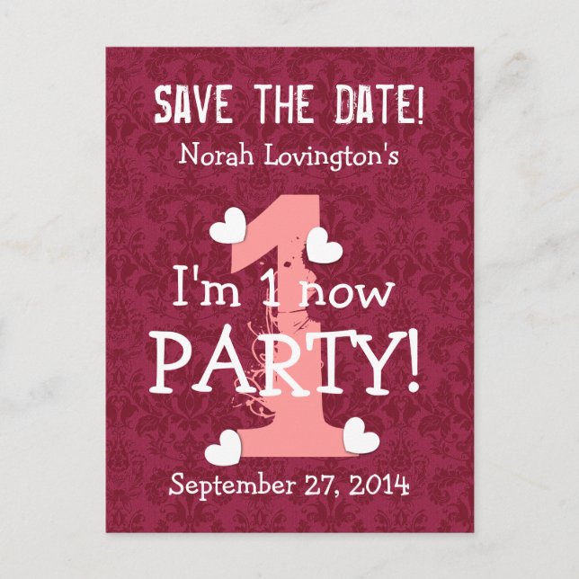 Save the Date I'm One Birthday Party W01A WINE RED Announcement Postcard (Front)