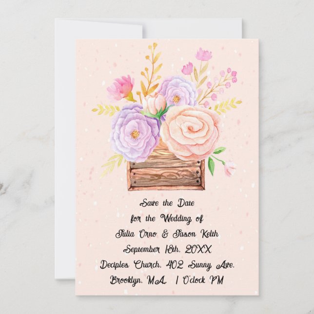 Save the Date in Peach Flowers & Rustic Design Invitation (Front)