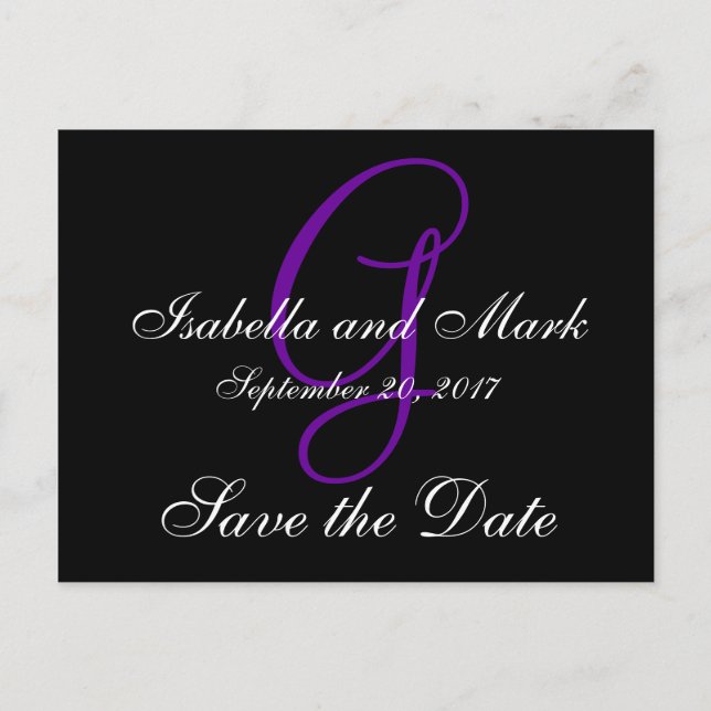 Save the Date, Initial, Monogram, Black, Purple Announcement Postcard (Front)