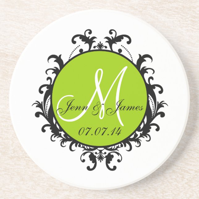 Save the Date Initial Names Wedding Coaster Green (Front)