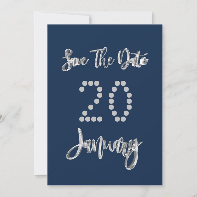 Save The Date January Navy Blue Silver Grey Script (Front)