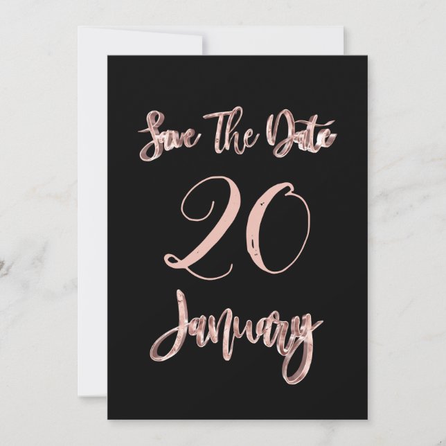 Save The Date January Party Black Rose Gold Script (Front)