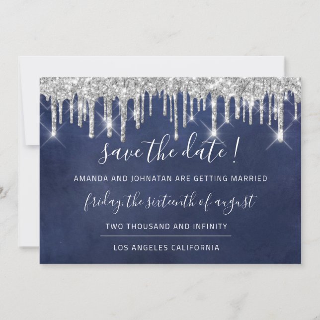 Save The Date Kraft Silver Grey Drip Blue Navy (Front)