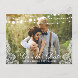 Save the Date Lace and String Lights Photo Announcement Postcard