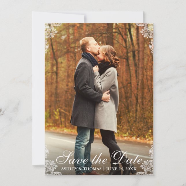 Save The Date Lace Border Couple Photo Card L (Front)