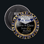 Save the Date Las Vegas Style - Dark Blue  Bottle Opener<br><div class="desc">Are you getting married soon? A fun and unique way to announce your wedding plans. Save the Date for your Wedding a Bottle Opener ready for you to personalise. Featuring the words "Save the Date" in a Las Vegas Style in faux metallic gold, dark blue and black design. ✔Note: Not...</div>
