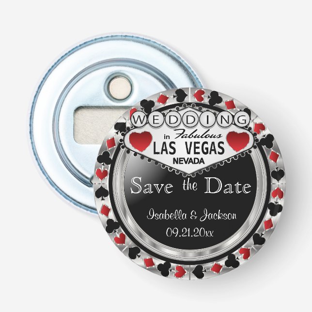 Save the Date Las Vegas Style - Silver & Red Bottle Opener (Front)