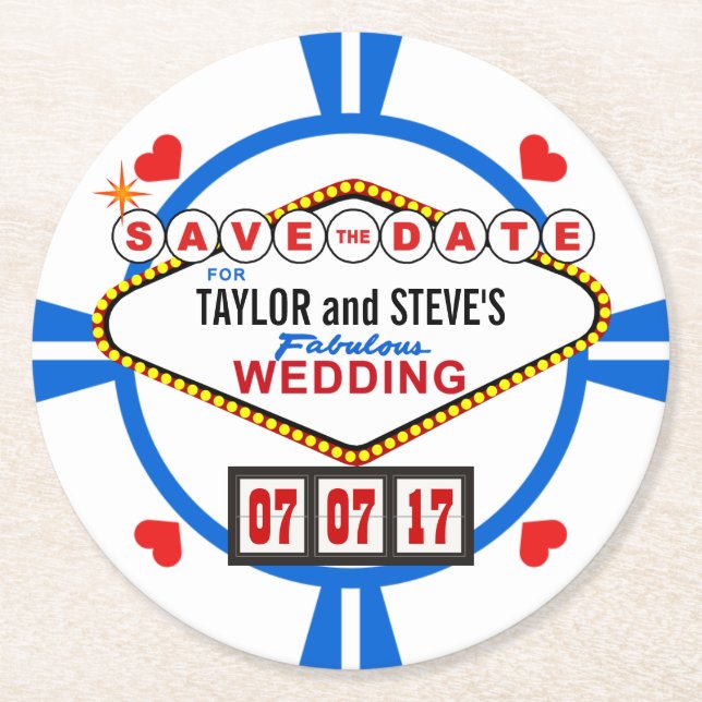 Save the Date Las Vegas Wedding Poker Chip Round Paper Coaster (Front)