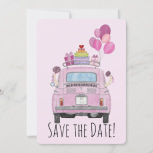 Save the Date Lesbian Couple in Fiat 500.  Invitation