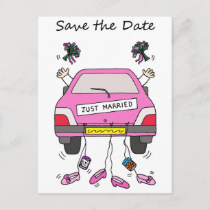 Save the Date Lesbian Wedding Cartoon Car Announcement Postcard