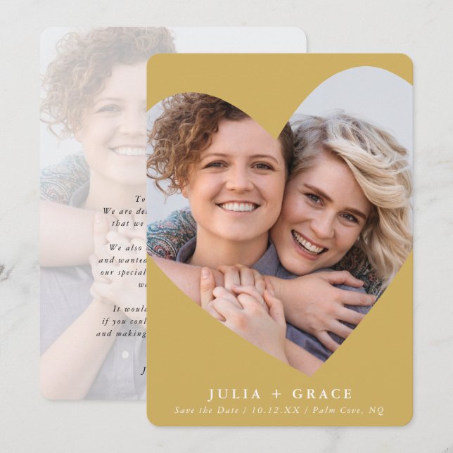 SAVE THE DATE lgbtq modern photo heart frame gold Invitation (Front/Back)