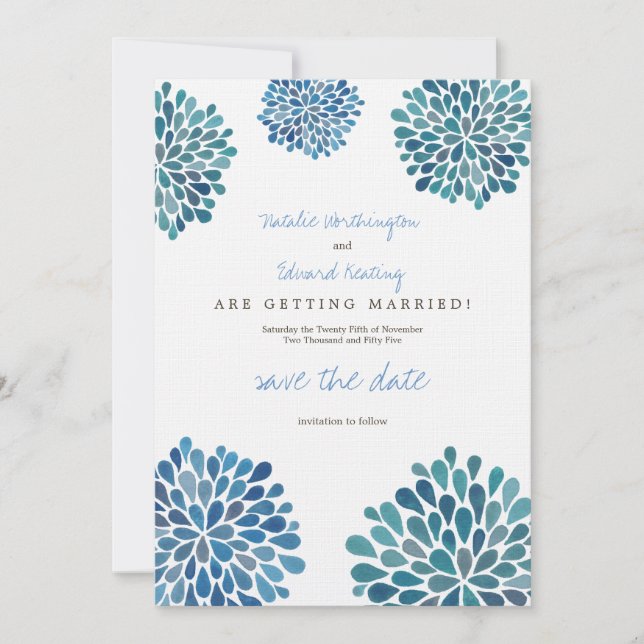 Save the Date Linen Blue Watercolor Dahlias (Front)