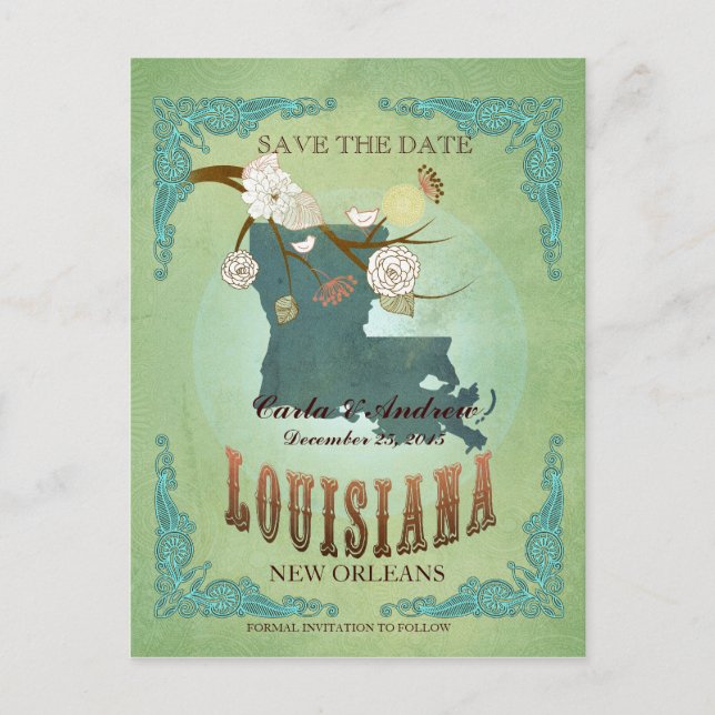 Save The Date - Louisiana Map With Lovely Birds Announcement Postcard (Front)