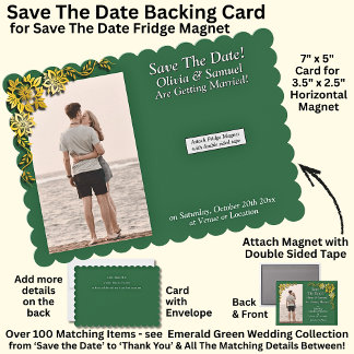 Save The Date, Magnet Backing Card Gold Emerald