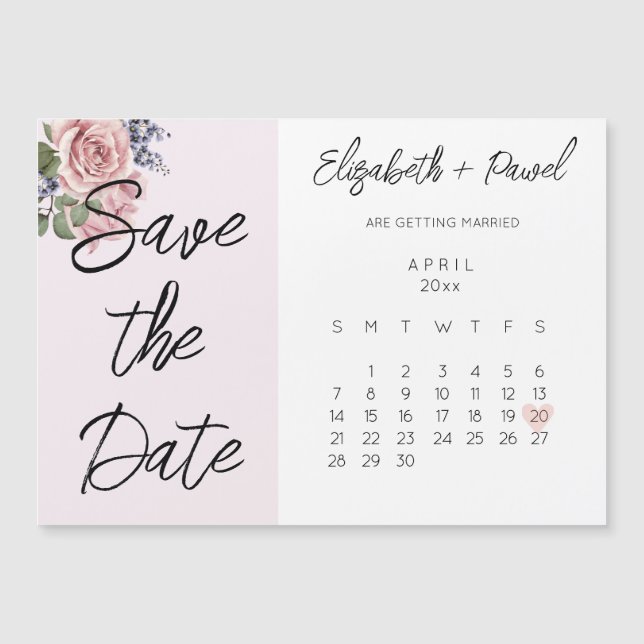 Save the Date Magnet Calendar with Pink Flowers (Front)