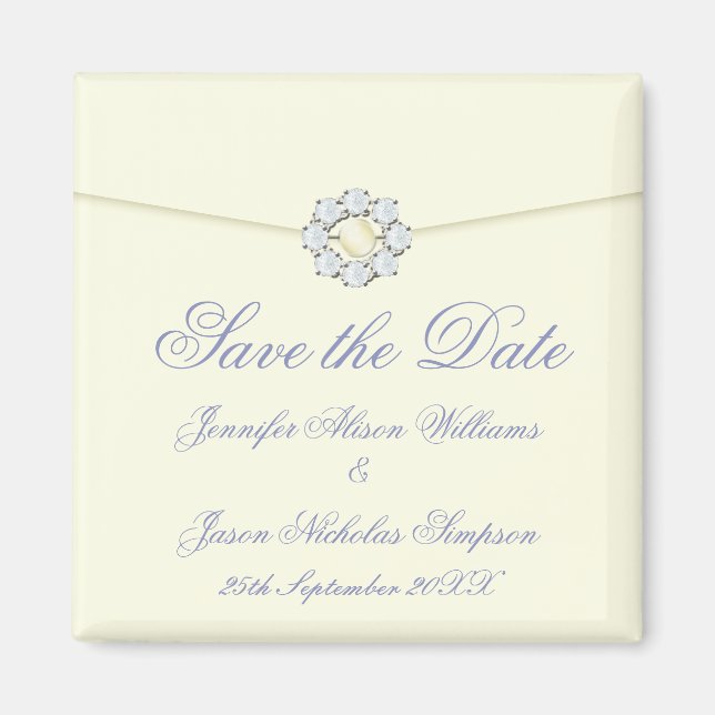 Save the Date Magnet Ivory with Pearl & Diamond (Front)