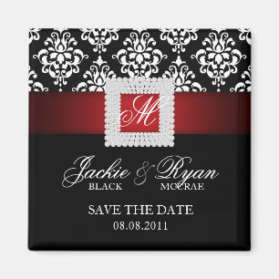 Save the Date Magnet Jewel Brooch Red Black White