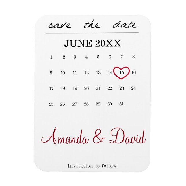 Save the Date Magnet - month calendar heart (Vertical)