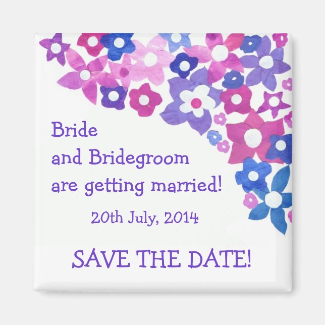 'Save the Date' Magnet, Pink and Blue Flowers Magnet (Front)