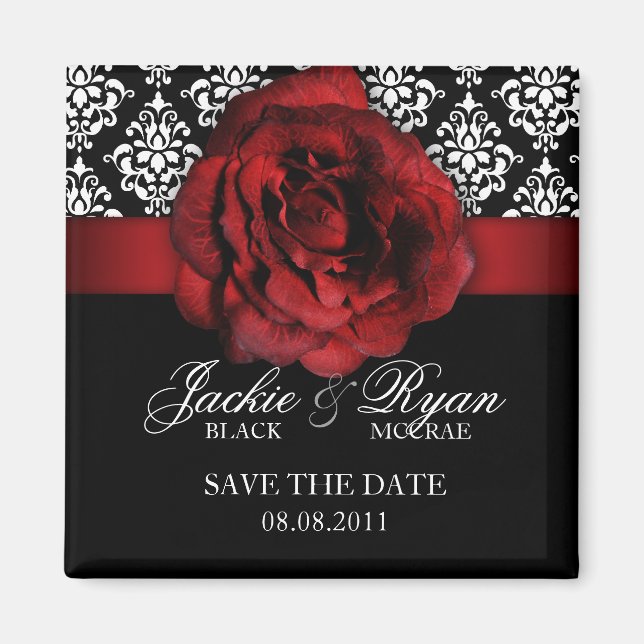 Save the Date Magnet Red Rose Damask (Front)