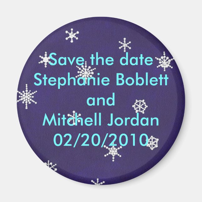 Save the date magnet, snowflakes on navy blue magnet (Front)