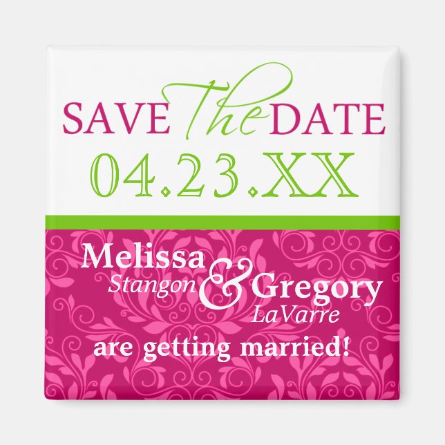 Save The Date Magnets Hot Pink Damask Green (Front)