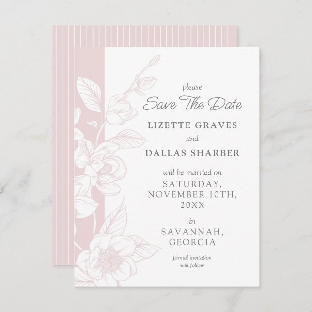 Save The Date Magnolia Blush Southern Wedding Card (Front/Back)