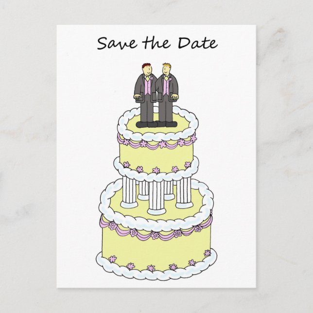 Save the Date Male Couple on a Cake Announcement Postcard (Front)