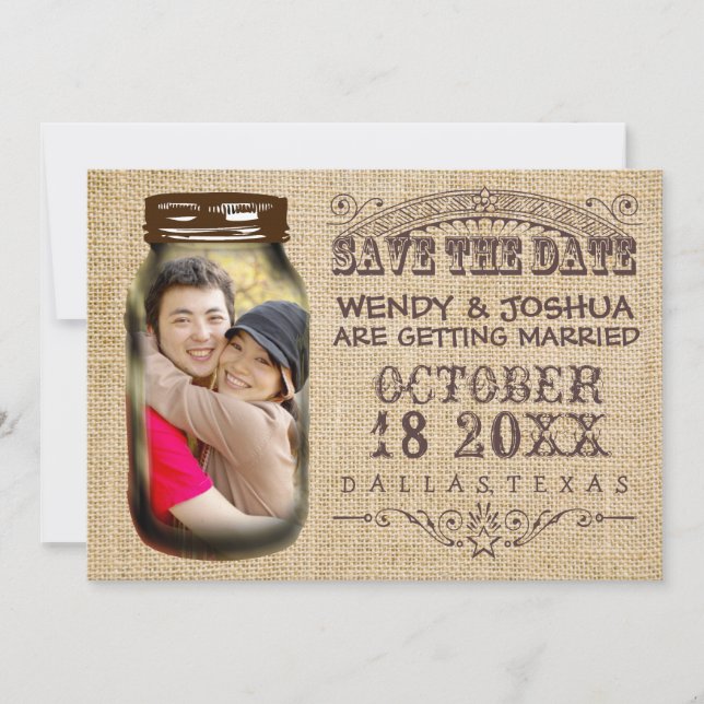 Save The Date Mason Jar Burlap Rustic Wedding (Front)